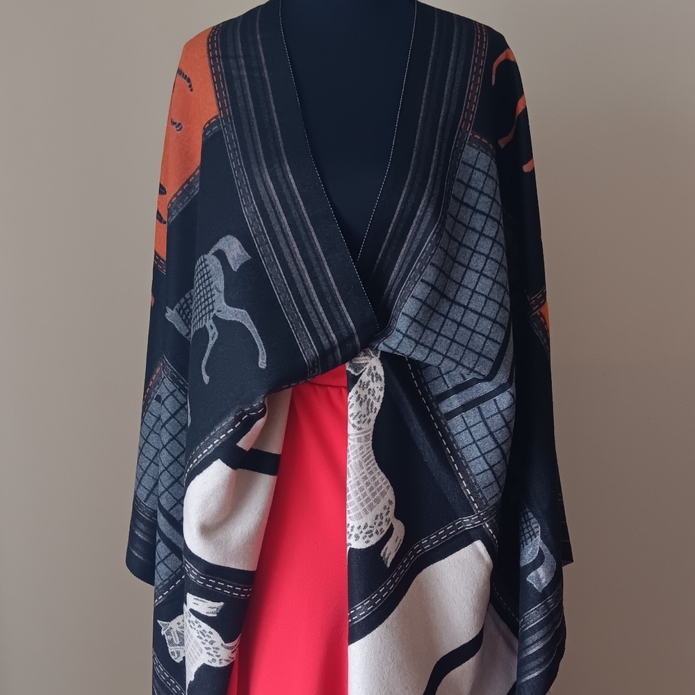 Handmade Warm Sweater Poncho Cape Kimono Jacquard Knit  Horse print One size